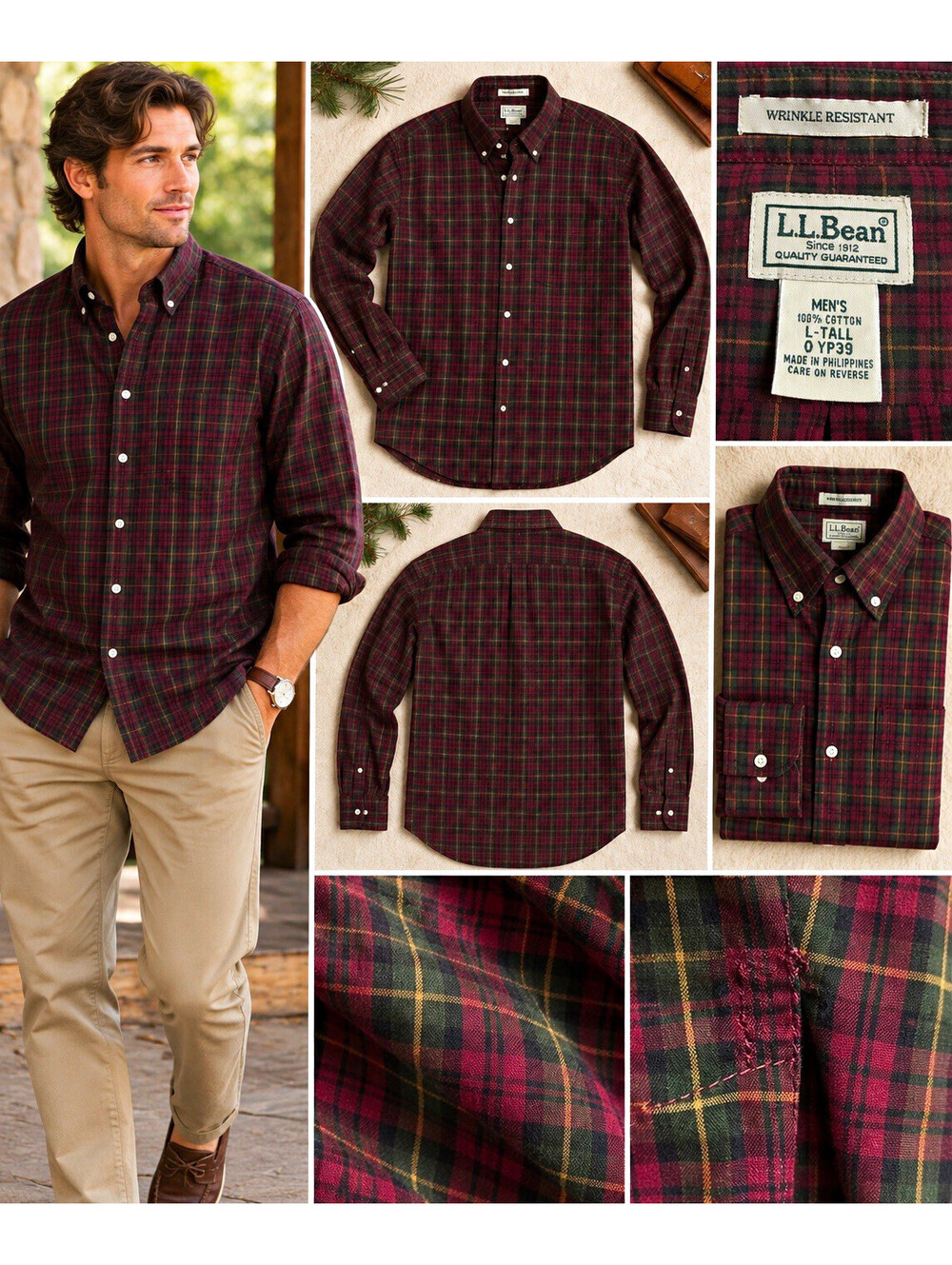 L.L.Bean Men's L Tall Burgundy Green Plaid Cotton Wrinkle Resistant Button Down